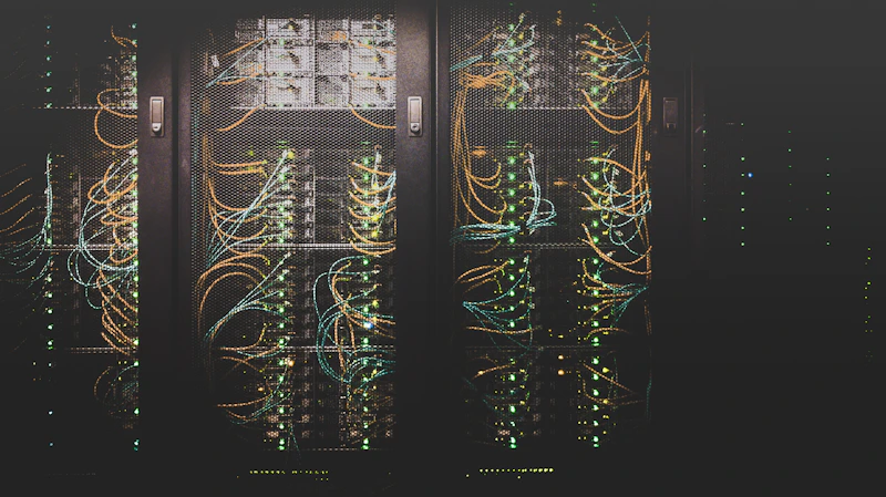 Corredor de servidores em um data center com iluminação azulada